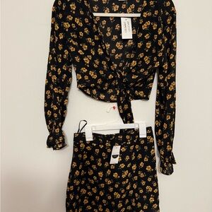 Black & Mustard Floral Tie-Front Crop Top and Skirt Set